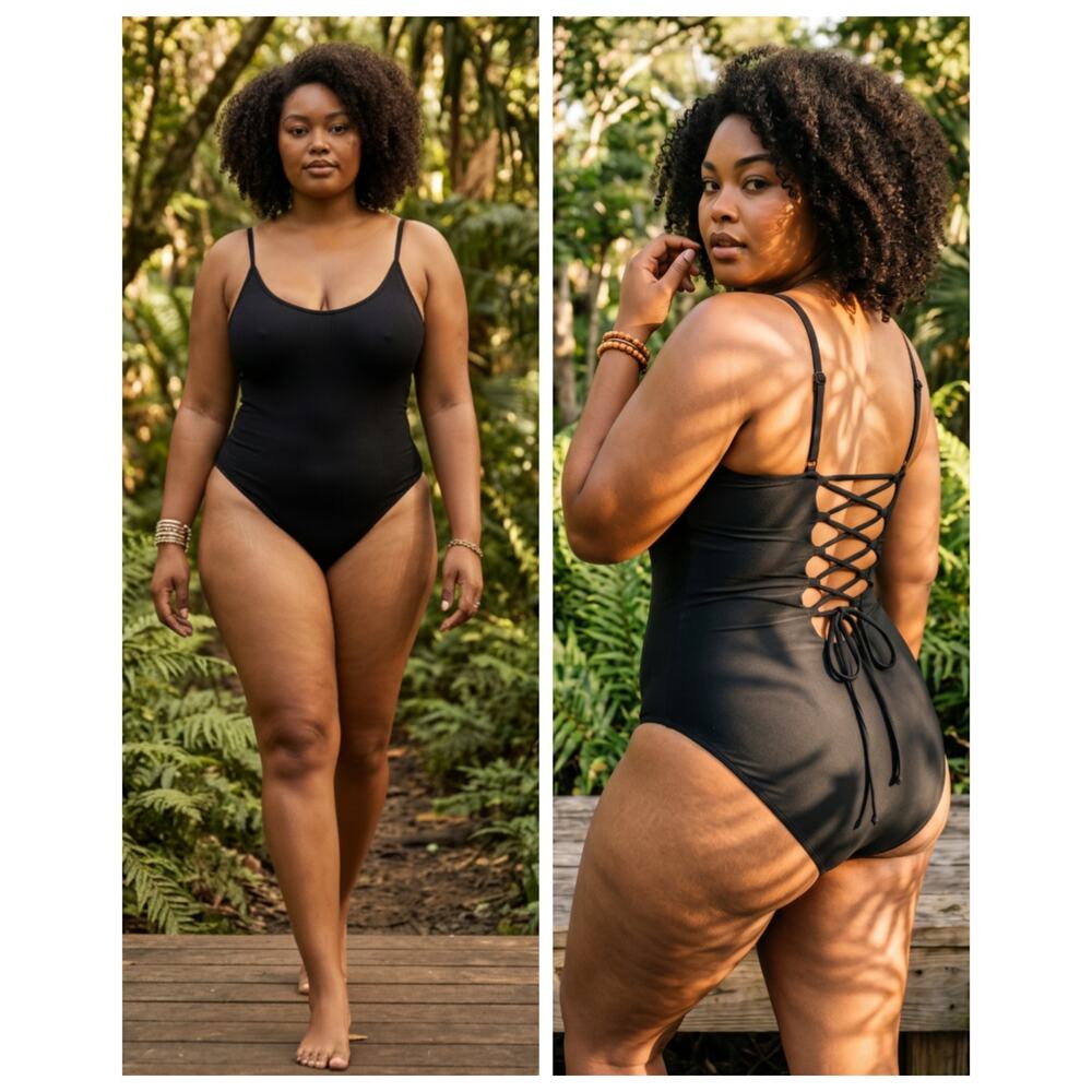 TA3 Lacey One Piece Swimsuit 3X Reg Long Black Lace Up NWT